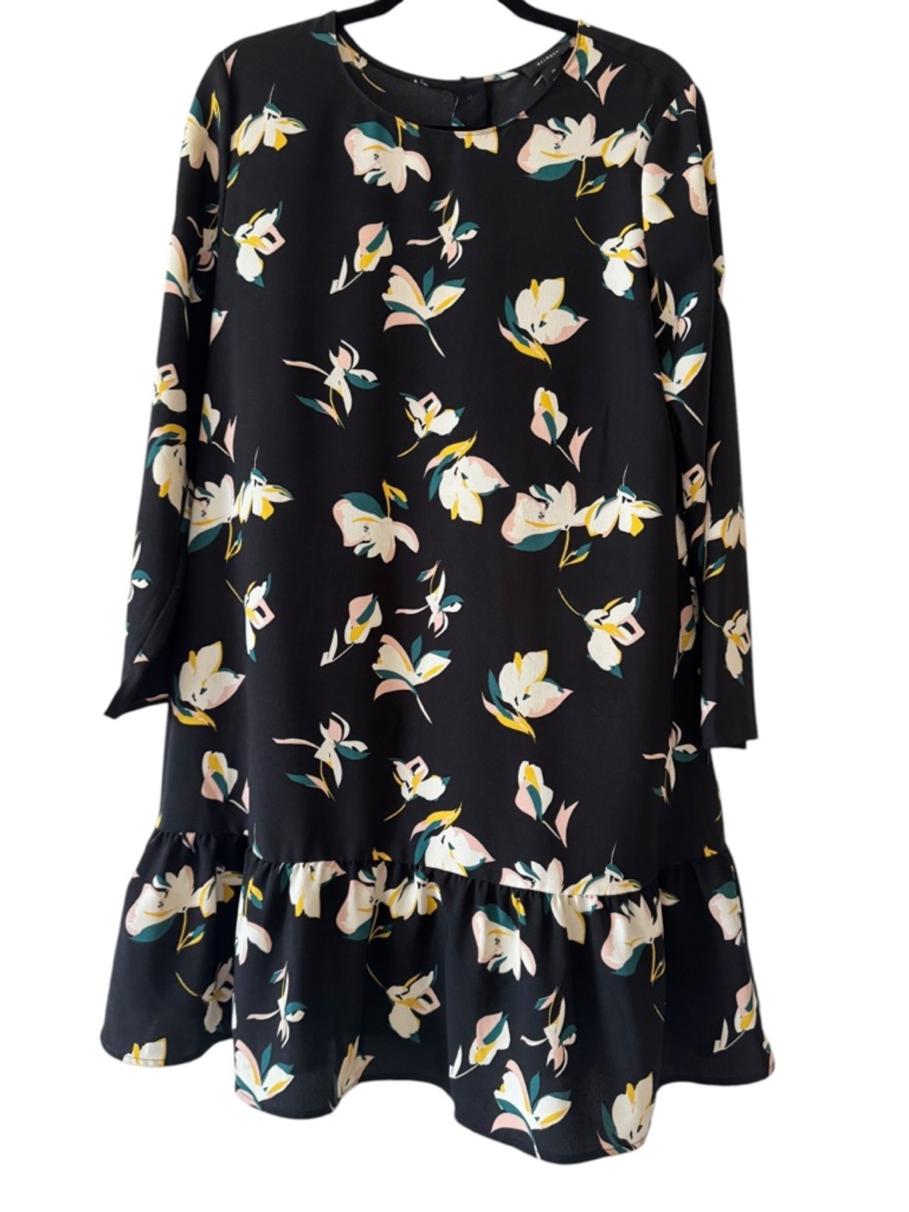 Halogen Black Floral Ruffle-Hem Long Sleeve Dress